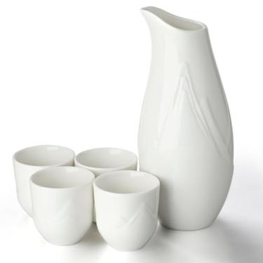 Imagem de Conjunto de saquê japonês de cerâmica, conjunto de 5 peças de saquê da montanha em relevo, 1 garrafa Tokkuri e 4 copos Ochoko, conjunto de chá de soju de porcelana para restaurante doméstico - branco