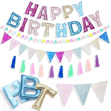 Imagem de Mindsoft 5 pçs faixa pré-amarrada feliz aniversário glitter feliz aniversário guirlanda bola de feltro guirlanda flâmula faixa colorida borla, decoração de festa personalizada para crianças e adultos