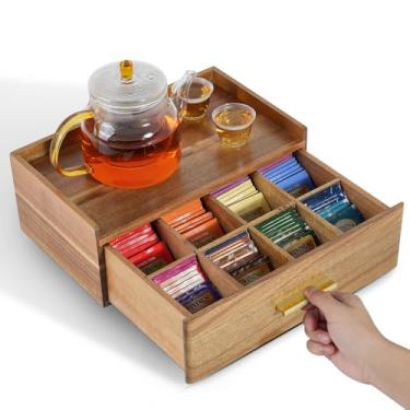 Imagem de Organizador de saquinhos de chá de madeira, organizadores e armazenamento de chá de acácia, caixa organizadora de caixa de chá de grade, gaveta organizadora de saquinhos de chá, dispensador de