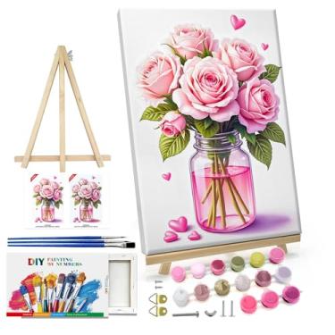 Imagem de ATDMS Kit de pintura por números para adultos com moldura, flores, pintura por número, com cavalete floral para adultos, kits de pintura a óleo em tela emoldurada, faça você mesmo, kits de pintura a
