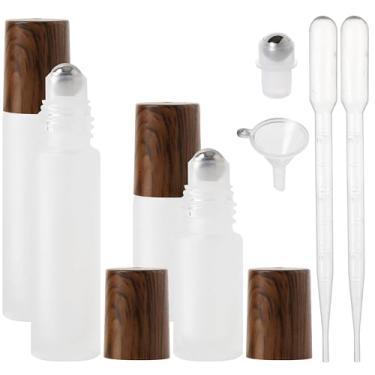 Imagem de SESENSE Frascos de rolo de óleo essencial, 4 frascos de vidro para perfume (10 ml e 5 ml) com abridor de funil e conta-gotas, ferramentas de beleza e cuidados pessoais (capa branco-marrom, 4 pacotes)