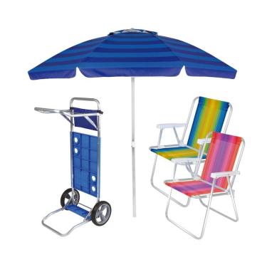 Imagem de Kit Praia Carrinho De Praia + 2 Cadeira Alta Alumínio + Guarda Sol 2,4m Articulado - Mor