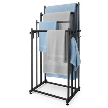 Imagem de Toalheiro de 4 níveis para banheiro, toalhas de liga de aço de 101,6 cm H escorredor ao ar livre, toalheiros de piso de piscina com 6 ganchos, para quarto, praia, banheira e academia, área de piscina