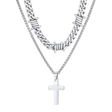Imagem de ChainsHouse Colar de cruz em camadas para homens, aço inoxidável/preto/banhado a ouro, cubano/arame farpado com pingente de cruz/crucifixo, conjunto de joias religiosas para presente para pai, marido