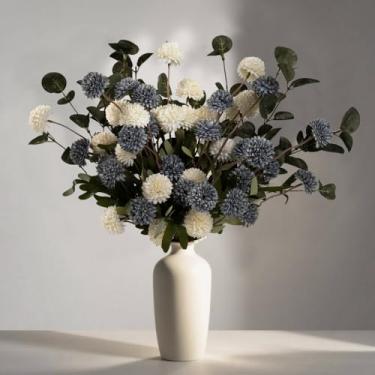 Imagem de LESING 10 peças de flores artificiais de haste longa com eucalipto, seda falsa de crisântemos, bolas de flores artificiais, pompom artificial, flores para mãe, decoração de arranjos florais a granel