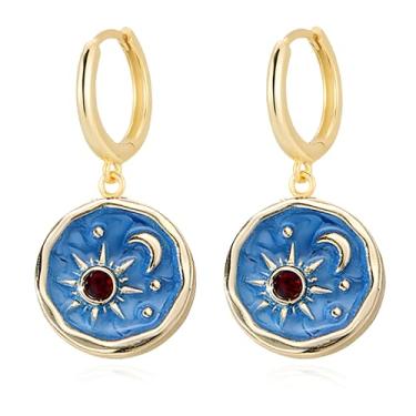 Imagem de MALOYANVE Brincos de argola vintage com pingente de sol e lua, estilo boho retrô feito à mão, prata, ouro, preto, design de moeda redonda, joia celestial para mulheres, Medium, Liga de aço, Sem pedra