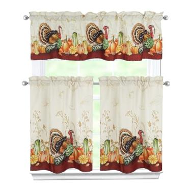 Imagem de Zifmrtrwn Cortinas de cozinha de Ação de Graças, conjunto de 3 peças, cortinas de abóbora de peru, saia e camadas para cozinha, casa, interior, café, 91 cm, cortina de janela curta sobre a pia, janela