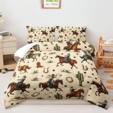 Imagem de AILONEN Conjunto de edredom caubói ocidental – tamanho casal com 2 fronhas – Conjunto de cama macio estilo retrô ocidental para crianças e adultos, 3 peças