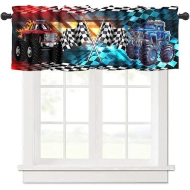 Imagem de Cortina de sanefa de caminhão para quarto de meninos, desenho animado de carro chama fria monstro corrida bolso janela curta tratamentos para cozinha, adolescentes, quarto, berçário, banheiro, sala de
