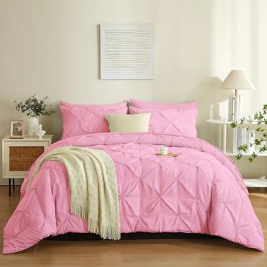 Imagem de BOLINLIVING Conjunto de edredom solteiro, 5 peças, cama pintuck em um saco, conjunto de cama solteiro com pregas macias com edredom e lençóis, fronha e fronha, rosa para todas as estações