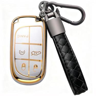 Imagem de Eisgul Capa para Jeep Key Fob com chaveiro TPU macio proteção total capa para chave Grand Cherokee Wrangler Compass Grand Comander Chrysler 200 300 Dodge Charger Challenger RAM 5 botões, ouro