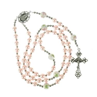 Imagem de Intercession Rosário católico de pérola de vidro com contas florais de cerâmica Our Father – Contas de oração elegantes com medalha milagrosa, crucifixo ornamentado e variações de cor, Medium, Liga de