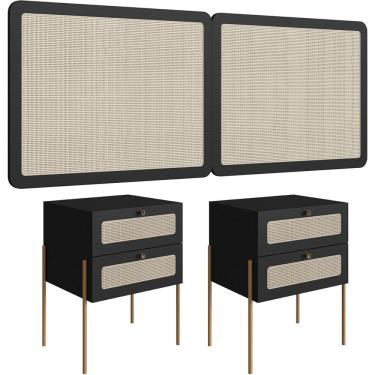 Imagem de Cabeceira Casal Queen 160cm e 2 Mesas Laterais 2 Gavetas Industrial Indy A03 Nero - Lyam Decor