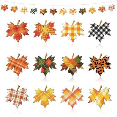 Imagem de 24 peças de enfeites de folha de bordo para pendurar no outono, colheita, festa, folhas de bordo, pequenos ornamentos de madeira, laranja, xadrez, árvore em vaso, pingentes pendurados com corda para
