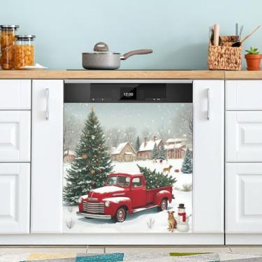 Imagem de Pfrewn Capa magnética para lava-louças de Natal inverno caminhão vermelho boneco de neve cachorro floresta capas de porta de geladeira decalque de cozinha painel de vinil decorativo geladeira