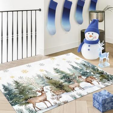 Imagem de Livcoz Tapete lavável de rena de inverno, 5 x 8 m, pinheiro nevado, macio, antiderrapante, pequeno, decoração de casa, tapete de entrada de Natal, tapete de chão, sala de estar, quarto, cozinha, sala