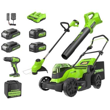 Imagem de Kit Greenworks 48V: Cortador Brushless, Aparador , Soprador 320CFM, Furadeira , 2 Baterias 4.0Ah e 2 Baterias 2.0Ah, Carregador Dual