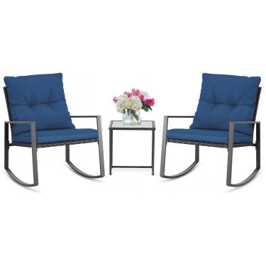 Imagem de Conjunto de Balanço de Exterior de 3 Peças SUNCROWN em Vime Preto - Cadeiras de Varanda com Mesa de Centro de Vidro para Conversas