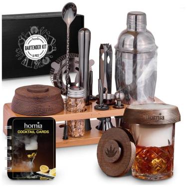 Imagem de Kit Bartender Profissional 13 Peças em Aço Inoxidável com Suporte de Pinho e Defumador de Uísque, Homia, Ouro Rosa