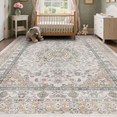 Imagem de Tapetes de berçário bege e laranja, 13 x 18 cm, neutro, resistente a manchas e antiderrapante, lavável, tapete para sala de estar, quarto, entrada grande, sala de jantar sob a mesa - Estampa