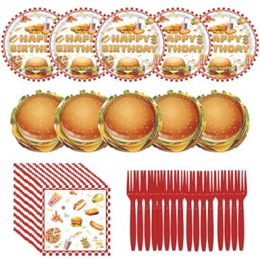 Imagem de 250 peças de pratos e guardanapos de aniversário, 50 convidados descartáveis fast food hambúrguer jantar verão churrasco pizza conjunto de utensílios de mesa para aniversário, piquenique, férias