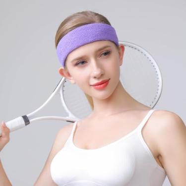 Imagem de Faixa de cabeça esportiva para homens e mulheres – Faixa de suor atlética de algodão felpudo para tênis, basquete, corrida, academia, malhar (roxo)