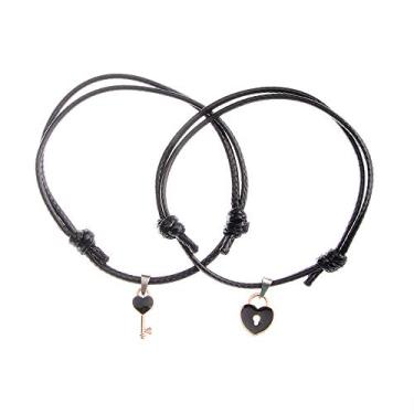 Imagem de Pulseiras Wish Lucky 2 peças/lote presentes acessórios cadeado filha corda chave coração cordão ajustável joias (preto)