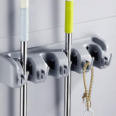 Imagem de 1 suporte retangular resistente para vassoura/vassoura para casa, garagem, jardim, lavanderia ou cozinha, 4 prateleiras, 5 ganchos
