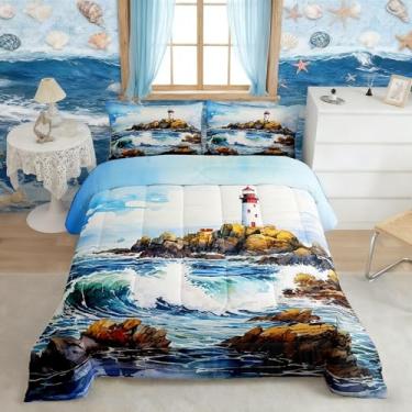 Imagem de Castle Fairy Conjunto de edredom casal de farol do mar, aquarela azul oceano, pintura a óleo, coleção de quarto, recife, mar, ondas, céu, cenário havaiano, para meninas e adolescentes