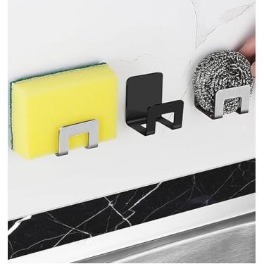 Imagem de Ganchos adesivos para esponjas de pia rack de armazenamento versátil montado na parede para organização de cozinha e banheiro, preto, 2 peças