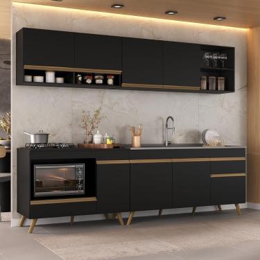 Imagem de Armário De Cozinha Modulada Compacta 4 Peças Com Balcão Para Cooktop Veneza Multimóveis Mp2261 Preto Dourado