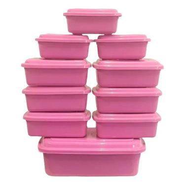 Imagem de 2X Kit 10 Potes Vasilhas Plástico Retangular Tampa Color Ci