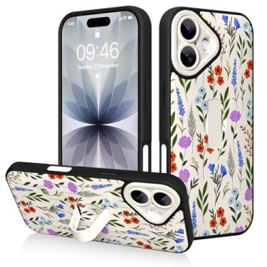 Imagem de AIGOMARA Capa para iPhone 17 com suporte de alça de dedo, design de estampa floral fofa para mulheres e meninas, capa protetora à prova de choque com suporte de mão antiarranhões, branca