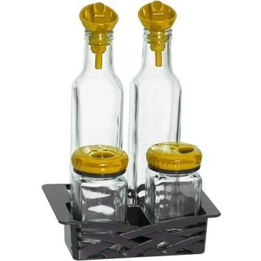 Imagem de Conjunto Galheteiro De Vidro 2 Garrafas E 2 Porta Condimento - Casambi