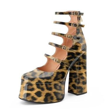 Imagem de Perisis Botas femininas plataforma Mary Janes salto alto bloco grosso cano curto bico fechado botas botas gótico lolita sapatos, Oncinha marrom, 38