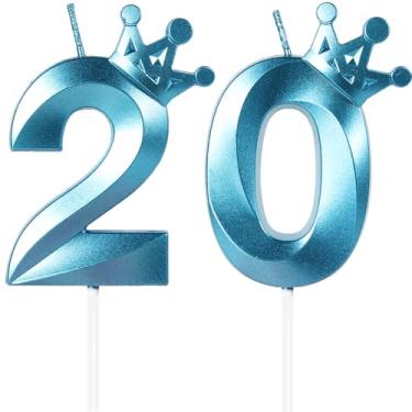 Imagem de Velas azuis de aniversário número 20, topo de bolo feliz de 20 anos, vela com número de coroa 3D, vela de aniversário, 20 meninos e meninas, decorações de aniversário, decoração de topo de bolo azul