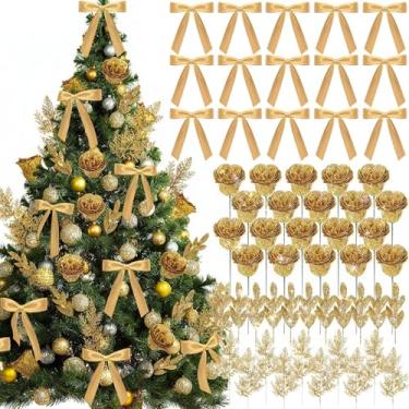 Imagem de 56 peças de enfeites de ouro para decoração de árvore de Natal, laços de rosa, folhas falsas, para coroas de árvores, guirlandas, centros de mesa, lareira de férias, decoração de casamento