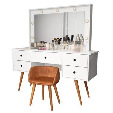 Imagem de Penteadeira Camarim Com Espelho Led 5 Gavetas Banqueta Inclusa Courino Pé Madeira Branco