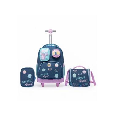 Imagem de Kit Mochila Rodinha Disney Estojo Lancheira Escolar Stitch