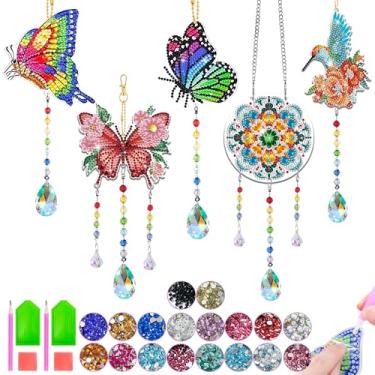 Imagem de 5 kits de arte de diamante para crianças/adultos, artesanato para crianças de 8 a 12 anos, arte de pintura de diamante faça você mesmo, sinos de vento, janela de cristal, apanhador de sol, artesanato