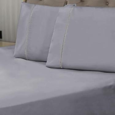Imagem de Jogo De Lençol 02 e 03 Peças 400 Fios Macio Micropercal Ponto Palito Solteiro Casal Queen King (Cinza,Queen)