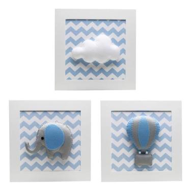 Imagem de Trio De Quadros Elefante Balão Azul Quarto Bebê Infantil - Potinho de 