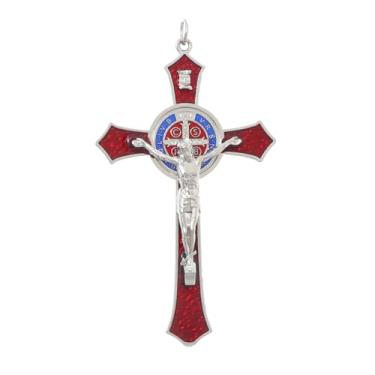 Imagem de KOMI Crucifixo de metal esmaltado vermelho crucifixo pequeno de São Bento para decoração de casa 12 x 7 cm, cruz de Jesus Cristo, proteção de San Benito, presentes de fé católica
