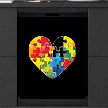 Imagem de Capa magnética para lava-louças, linda capa magnética para decoração de lava-louças com coração de autismo, capa magnética para lava-louças, decalque para cozinha, eletrodomésticos, 58 x 66 cm