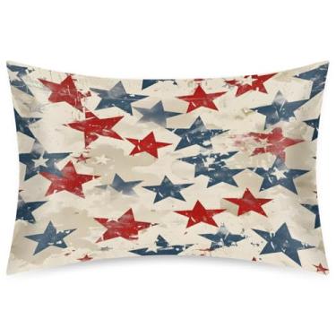 Imagem de Fronha Queen Size de cetim de seda para cabelo e pele, capa de almofada macia antiderrapante estrelas refrescantes retrô vermelho azul com fecho de envelope para dormir mulheres homens crianças 50 x