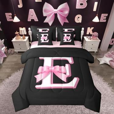 Imagem de jejeloiu Conjunto de edredom infantil com laço preto e rosa, tamanho casal, monograma, 7 peças, com inicial E personalizada, em uma bolsa com edredom, lençóis, fronhas, moderno