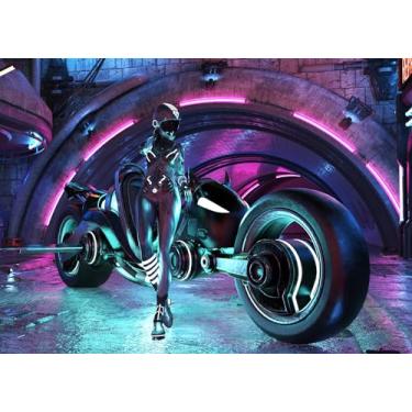 Imagem de Cyberpunk Jigsaw Puzzles for Adults 1000 Pieces, Girl in a Futuristic Suit with Neon Lights Next to a Motorcycle 1000 Piece Jigsaw Puzzle, for Adults, 19.5 x 27.5 Inch