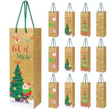 Imagem de 12 peças de sacos de presente de vinho de Natal premium de papel kraft sacos de embrulho a granel com alças etiquetas de presente reutilizável sacola de vinho de férias para presentes de festa de