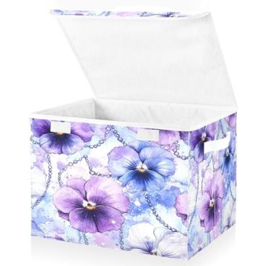 Imagem de Blueangle Caixas de armazenamento dobráveis 1 pacote, cestas de armazenamento de amores-perfeitos brancos com tampas e alça para casa quarto armário escritório (428)