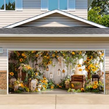 Imagem de Capa de porta de garagem de aniversário, cenário fotográfico de faixa de feliz aniversário, fundo de festa para decoração de parede interna e externa (girassol, 1,8 x 3 m)